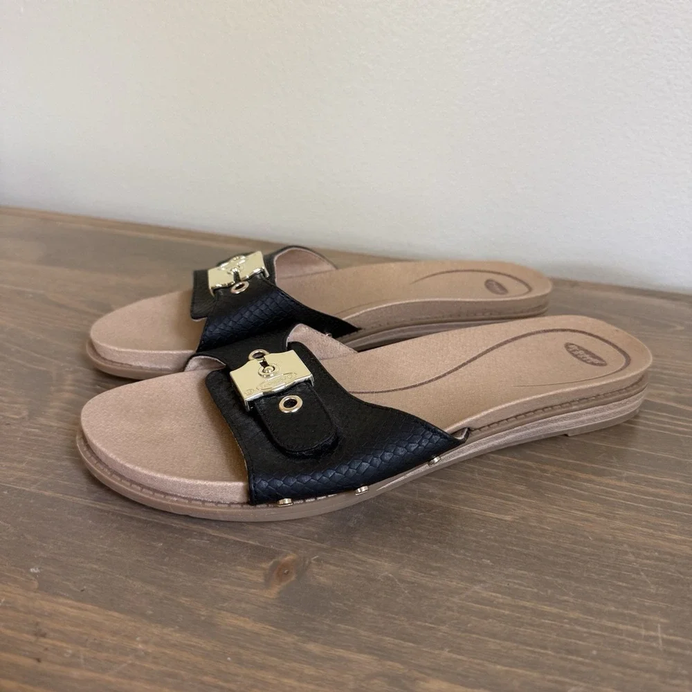 Dr. Scholls Womens 9M Black Gold Buckle Originalist Slip On Slide Sandals Flat